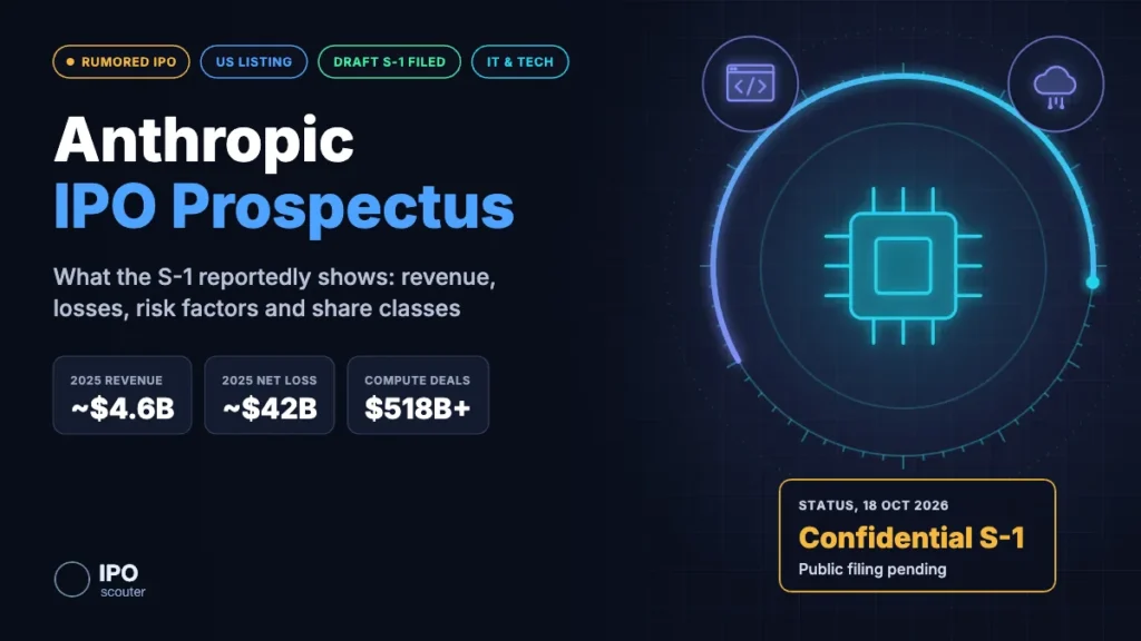 Anthropic IPO prospectus (S-1): ~$4.6B 2025 revenue, ~$42B net loss, $518B+ compute commitments, IT & Tech sector card