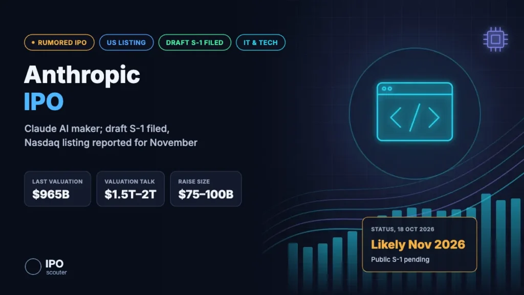 Anthropic IPO: draft S-1 filed, $965B last valuation, Nasdaq listing reported for November, IT & Tech sector card